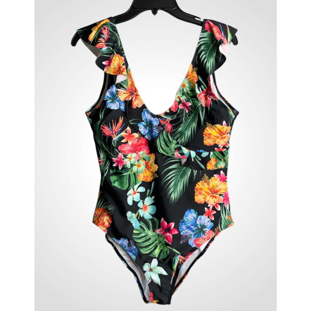 Women’s Black Tropical Floral One-Piece Swimsuit XL